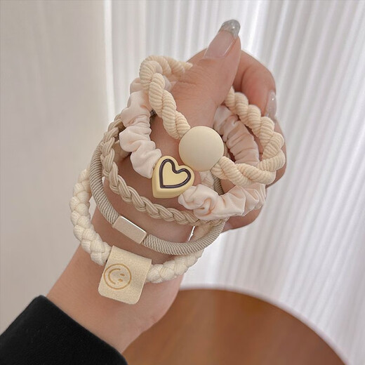 Zhuo Keke headband rubber band women's hair tying simple temperament high elasticity and durability 2025 new high-end leather set hair band hair rope off-white set of 5