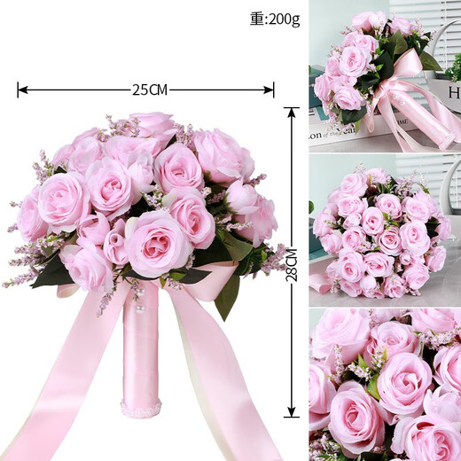 昙蓓漫手捧花仿真花婚礼装饰结婚花束婚纱摄影新娘伴娘玫瑰假花婚庆领证 【香槟色】玫瑰手捧花 仿真多头花束丨配丝带