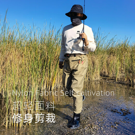 Jun Kiss waist pants wading pants Luya equipment fishing clothing catching sea water pants fly stream fishing half-length one-piece waterproof waders khaki color upgraded version 38