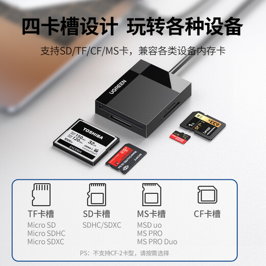 绿联USB3.0高速CF读卡器 多功能四合一读卡器 支持CF/MS/SD/TF型相机记录仪监控手机平板储存卡 线长1m
