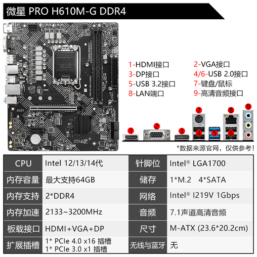 微星（MSI）12/13代/14代CPU主板套装i3 13100f 14100f 12100f 散片 PRO H610M-G DDR4 14代i3-14100F散片【三年店保】