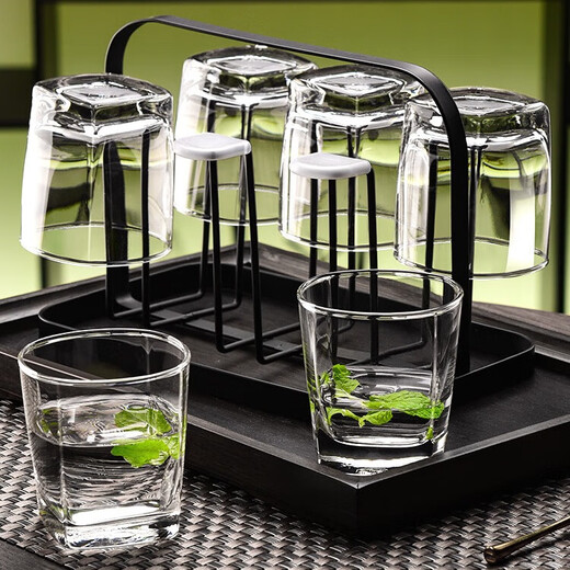 Ouxin imported glass household hospitality cup drinking water green tea cup juice beer cup heat-resistant high-end set 320mlx6+small black plate+black frame