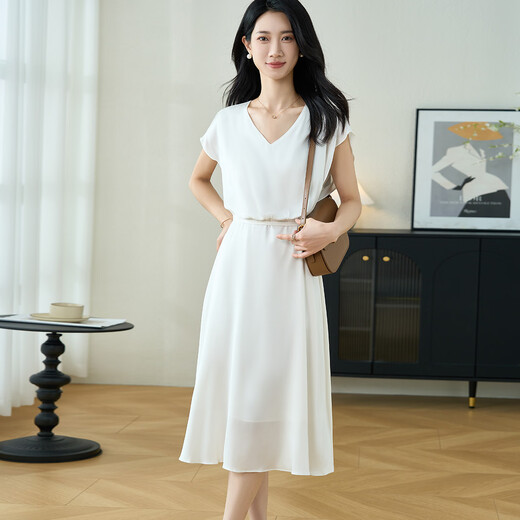 
Misiyang 2024 summer new simple high-end elastic double-joe dress waist-hugging mulberry silk A-line skirt 3291 pearl white L