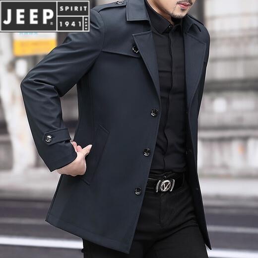 JEEP SPIRIT men's windbreaker 2023 spring and autumn middle-aged men's windbreaker mid-length short collar jacket casual dad wear black (suit cloth single) 2XL 185