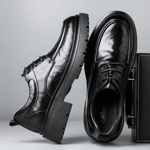 CARTELO British Men's Leather Shoes Thick Sole Increased Business Casual Shoes Low-top Round Toe Breathable Cowhide Shoes Men's 9960 Black 38
