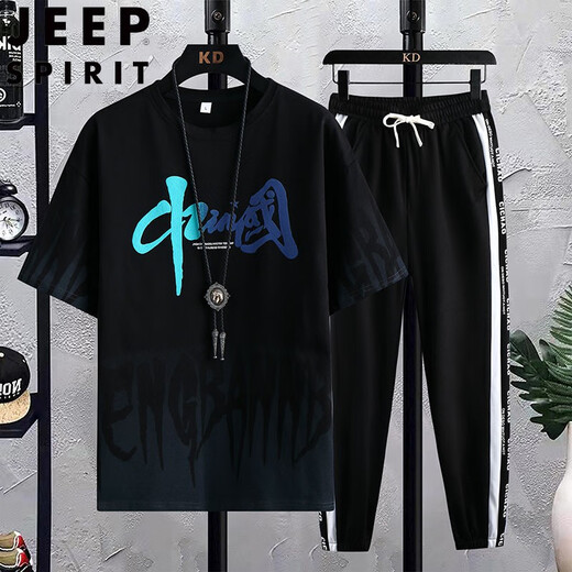 JEEP SPIRIT Summer Teen Short Sleeve T-shirt Men 2025 New Style Boys Fashion Handsome High School Junior High School Student Sports Set 683 Black (Single Short Sleeve) 2XL