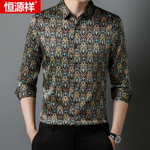 恒源祥100%重磅真丝长袖衬衫男秋季中年男装潮流桑蚕丝时尚休闲花色衬衣 9853长袖衬衫卡其 180