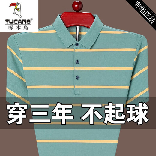 啄木鸟（TUCANO）夏季纯棉短袖t恤男条纹翻领商务休闲宽松半袖体恤中年男士POLO 衫 826兰色 180/2XL(建议150-170斤)