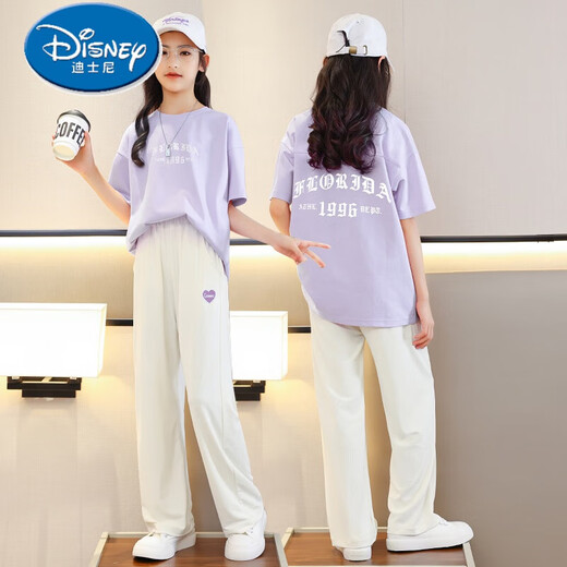 迪士尼（Disney）女童夏装套装儿童洋气2025新款大童短袖t恤长裤夏季休闲运动女孩 15025米白色+9731紫色 170 cm