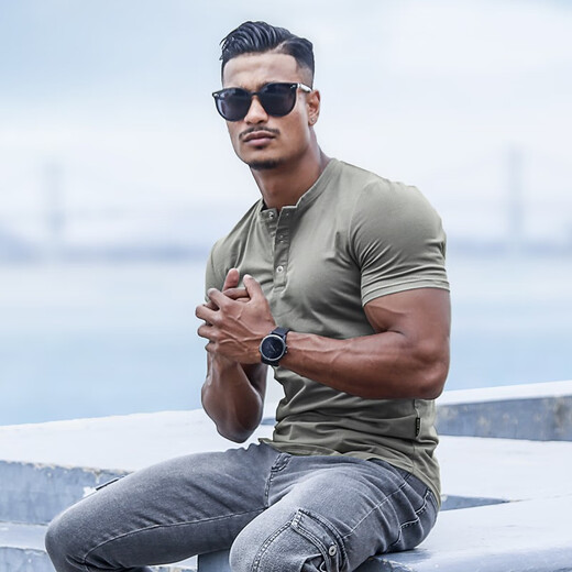 BensonVision sports short-sleeved fitness training t-shirt running casual top solid color slim fit Henry collar bottoming shirt men's summer grass green S