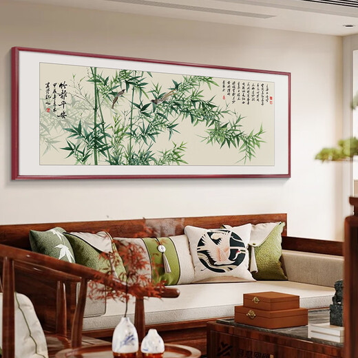 Good wood bamboo safety hanging painting hand-painted new Chinese style living room sofa background wall decoration painting Chinese painting ink Chinese style bamboo painting C1-Lush 120*40cm suitable for about 1.5 meters waterproof canvas + elegant mahogany color right-angle solid wood frame