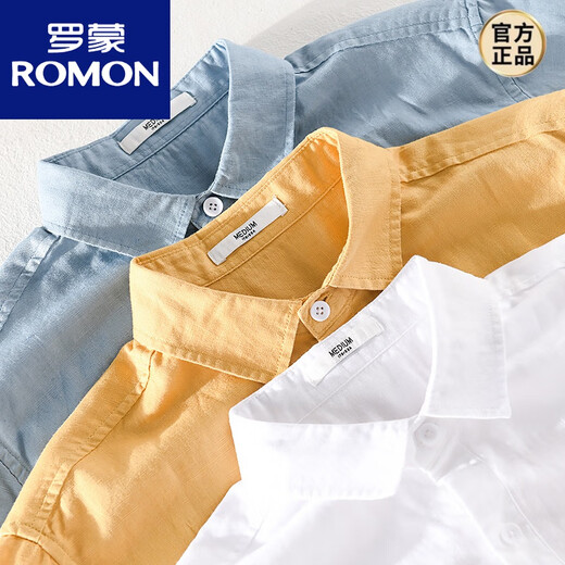 罗蒙（ROMON）男士亚麻翻领短袖t恤宽松翻领上衣服有带领T棉麻料体恤麻布夏装 yunyi-9711黄色 3XL