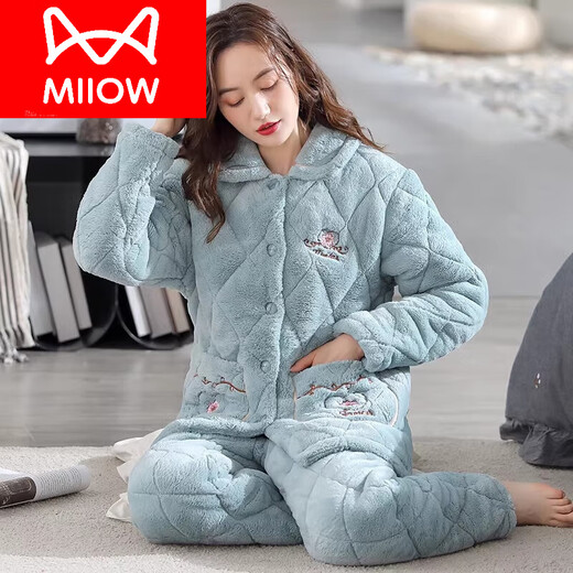 Cat man (MiiOW) three-layer cotton pajamas for women in winter thickened cotton jacket coral velvet middle-aged mother warm home clothes KQ6626 3XL
