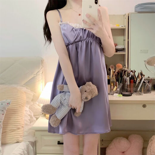 浪莎ins高级感冰丝吊带睡裙女夏季2024新款甜美公主风绸睡衣裙 甜美高级感睡衣裙WZL-14122 L [建议100-120斤]