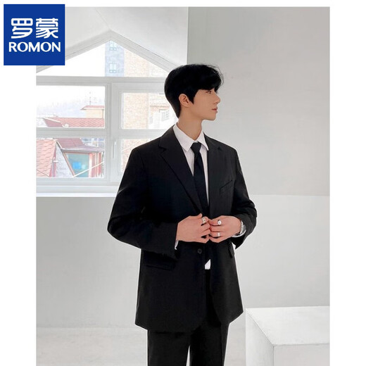 ROMON Korean-style suit jacket for men, high-end college student interview formal loose casual handsome suit three-piece black three-piece suit (suit + shirt + trousers) L 110-125 Jin Jin equals 0.5 kg
