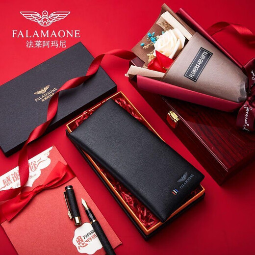Falai Armani [Gleicher Stil in der Theke] Falai Armani Wallet Herren Long Leder Jugend Ultra-dünn modische Top-Layer Cowhide Wallet QB202-3 Massive Holz Geschenkbox Paket