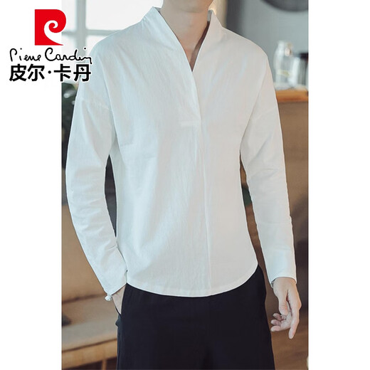 皮尔卡丹（pierre cardin）轻奢中国风男装秋季亚麻长袖t恤男士打底衫复古风汉服唐装棉麻上 7029(易打理)黑色 长袖 XL(轻商务)(易打理)