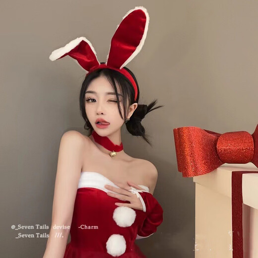 Pei Nanwei Atmosphere Red Rabbit Ears Headband Plush Rabbit Ears Headband Cute Bunny Girl Internet Celebrity Hair Accessory Female Cos Red and White Plush Rabbit Headband 1 pc