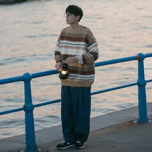 迪伽达 民族风毛衣男士秋季新款条纹情侣装圆领套头打底衫宽松针织衫男 CZFS-M01咖色 M