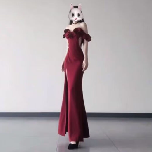 忆静萱（YIJINGXUAN）心机御姐名媛宴会礼服一字肩连衣裙女人味开叉收腰包臀鱼尾长夜店 黑色连衣裙长裙(普通版) M 95-105斤