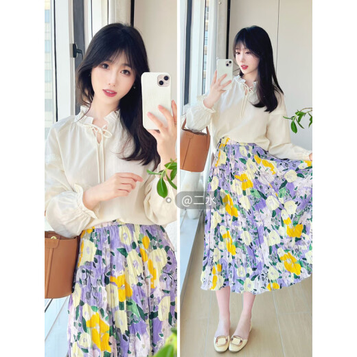 INMAN pastoral retro pleated floral slimming hip-covering slit skirt for women summer 18322305 Roland Purple M