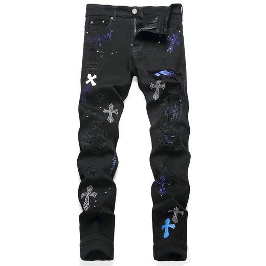 Fei Shimi New Style High Street Herren Ripped Jeans bestickt S Tight Mid-Tendy Herren trendy lässige schwarze Hosen Schwarz 3523 29
