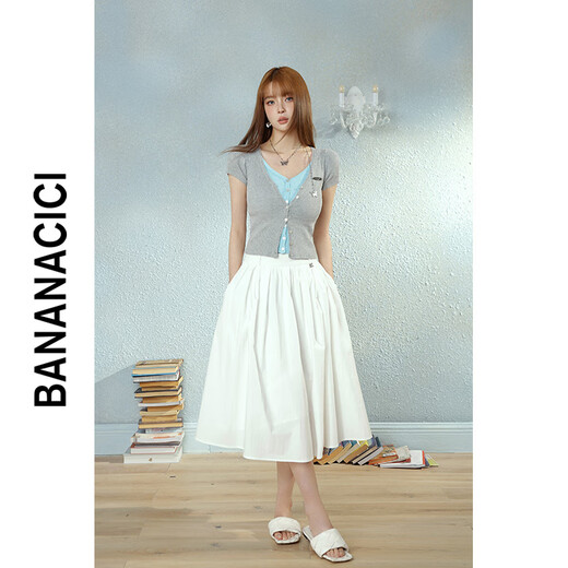 
banana cici 2024 summer new fake two-piece contrasting color icy wool short-sleeved knitted cardigan C242MY739 light blue L