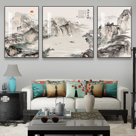Oufa Living room decoration painting Sofa background wall hanging painting New Chinese style Chinese style landscape calligraphy and painting Landscape painting Restaurant Bedroom Bedside Study Triple Mural Crystal Porcelain Painting A-Flowing Water Makes Money 40*60 in the left and right 60*60/fabric painting