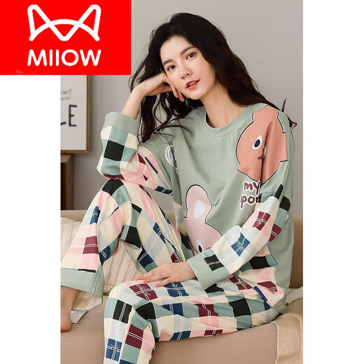 猫人（MiiOW）带胸垫纯棉睡衣女春秋长袖可外穿韩版卡通棉秋冬家居服套装 6623(无胸垫100棉) M 【80 105斤】