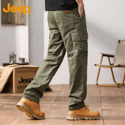 Jeep (JEEP) overalls men's autumn and winter casual pants men's loose trendy pure cotton straight-leg men's pants military green L