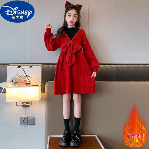 Disney girls winter dress 2023 new mid-to-large children fashionable super fairy red thick children's sweater princess skirt red sweater princess skirt thickened 120cm