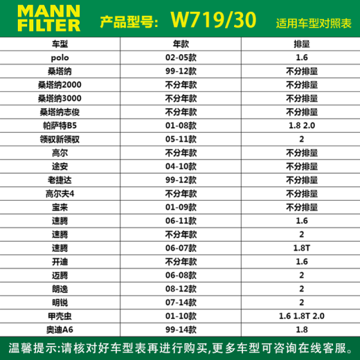 曼牌（MANNFILTER）W719/30机油滤芯格适用明锐/途安宝来/帕萨特/领驭/奔腾B50