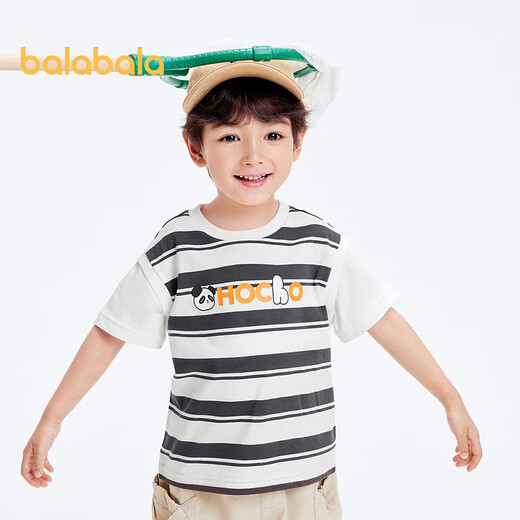Balabala children's clothing boys short-sleeved T-shirt fake two-piece striped top children's panda letter print summer fashion trendy gray tone 00422 120cm