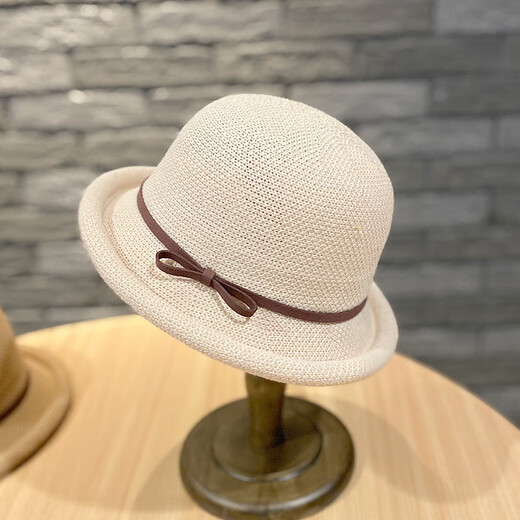 Wine style senior fisherman hat women's summer bow curled bowler hat small fresh Korean style trendy sunshade hat beige - bow curled M56-58cm