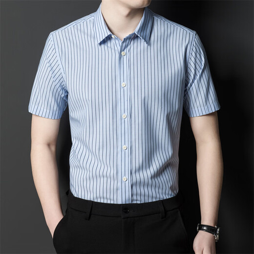 JASONWOOD high-end brand men's short-sleeved shirt men's summer thin stripes business casual loose men's shirt top light gray stripes L 175/50