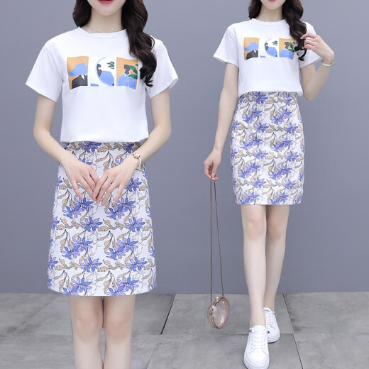 Hua Zihai 21 Years Dress Women's Spring and Summer New Two-piece Suit Skirt Women's Small Korean Style Loose Print Fashion Sexy A-Line Short-Sleeved Clothes Mid-Length White T+ Skirt M