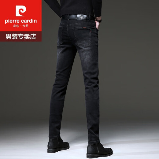 皮尔卡丹高端黑灰色牛仔裤男春秋加绒加厚2024新款修身小脚弹力休闲长裤子 1048黑色  加绒 32 【二尺五】