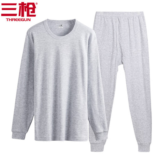三枪（THREEGUN）秋衣秋裤男女新疆舒肤棉圆领长袖情侣款情侣保暖内衣套装 断码清货 2XL (男麻灰一套180/105)