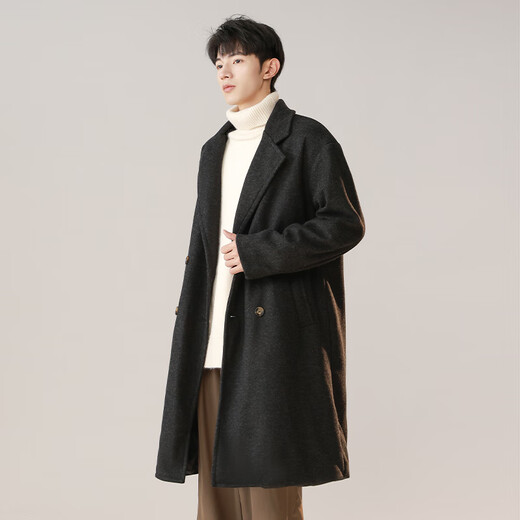Dingfengbaoluo Korean style woolen coat for men winter mid-length thickened coat high-end double-breasted HK09 matte black L