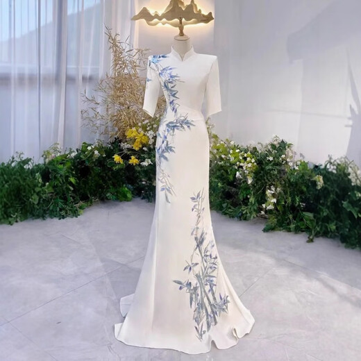 Wenmi Music Student Art Examination Dress Women's Satin Light Luxury Niche New Chinese Style White Waist Long Evening Vocal Performance Guzheng White S