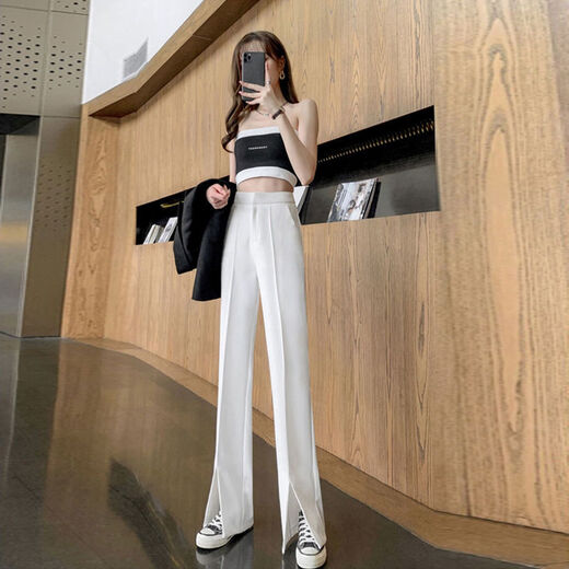Pantalon féminin de tante directionnelle simple 200 Jin [Jin est égal à 0,5 kg] graisse m pantalon de costume à fente vous rend mince et grand, pantalon de sol en vrac de largeur droit Summer White 9896 (style régulier avec bouton-glissière) S