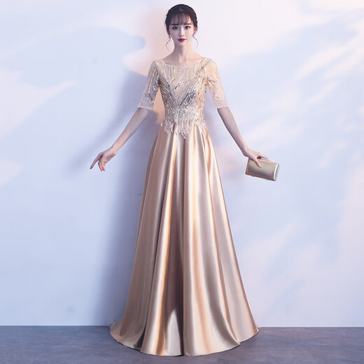 Li Baixin gold evening dress women's new banquet temperament host choir performance clothing conductor clothing long skirt gold XXL
