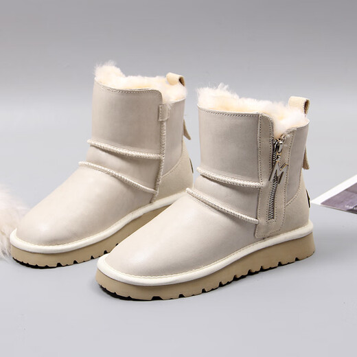 百丽踏防水皮面雪地靴女冬2023年新款皮毛一体洋气加绒加厚真皮 棕色 2201 37