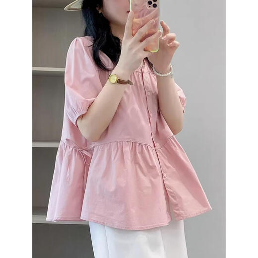 Geman maternity top summer loose belly cover short-sleeved shirt women's suit fashionable new doll shirt two-piece summer suit pink top + white shorts suit XL