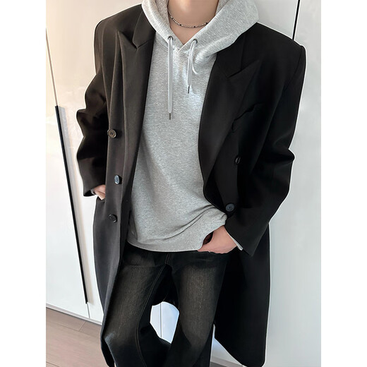 Yi Sichen cleanfit shoulder pad woolen coat men's autumn and winter mid-length Korean style double-breasted windbreaker woolen coat black XL 135-150Jin Jin equals 0.5 kg