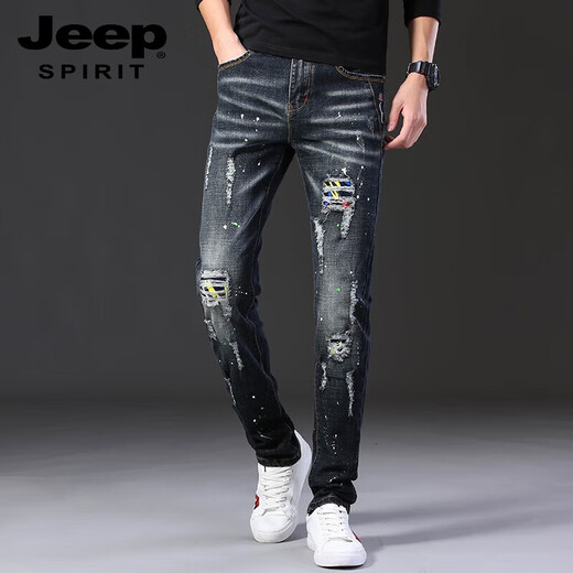 JEEP SPIRIT高端破洞牛仔裤男秋夏款潮牌刮烂弹力新款修身小脚夏季男士长裤子 687黑色 36