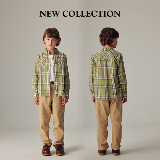 E LAND KIDS autumn new boys' college style pattern double patch pocket shirt OLIVE GREEN olive green/79 130 cm