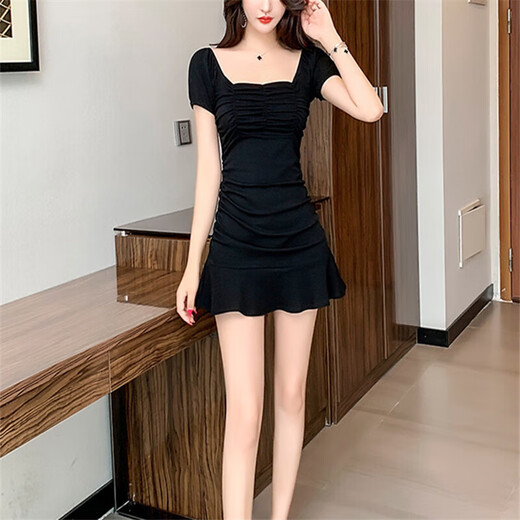 京芽夜场性感女装显瘦夜店性感连衣裙洗浴按摩短裙连衣裙技师工装 黑色款 L(105-115斤)