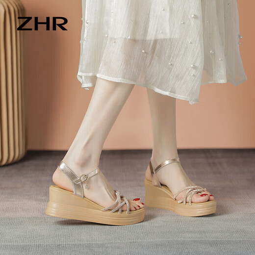 Sandales de coin zhr pour les femmes Summer Real Cow Hide Sole Sole pour femmes Chaussures à la mode à la ceinture mince et à talons hauts pour femmes AY92 Champagne 37