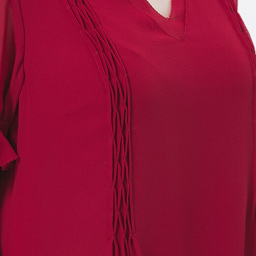 VOA Seiden Georgette V-Neck Puffhülse schwarzes Ohr gefaltes Doppelschicht Asymmetrischer Saum lose T-Shirt BE673 Huanxi SHA-Burgund (H38) 2xl